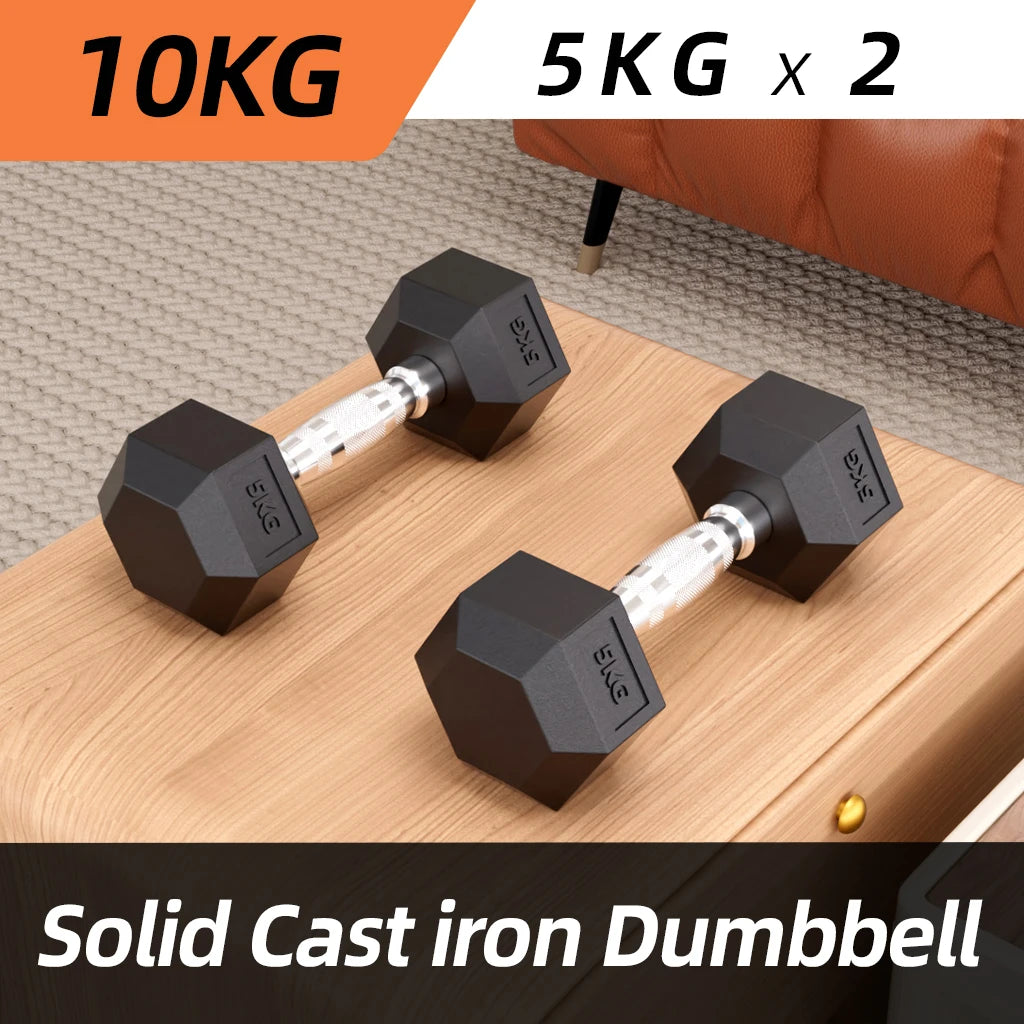 A Pair of Hexagonal Dumbbells, Pvc Coated, with a Metal Core Structure. Hexagonal Design Prevents Rolling. Available in Two Weights: 5kg and 10 Kilograms. This Fitness Equipment Is Suitable for Bodybuilding, Strength Training