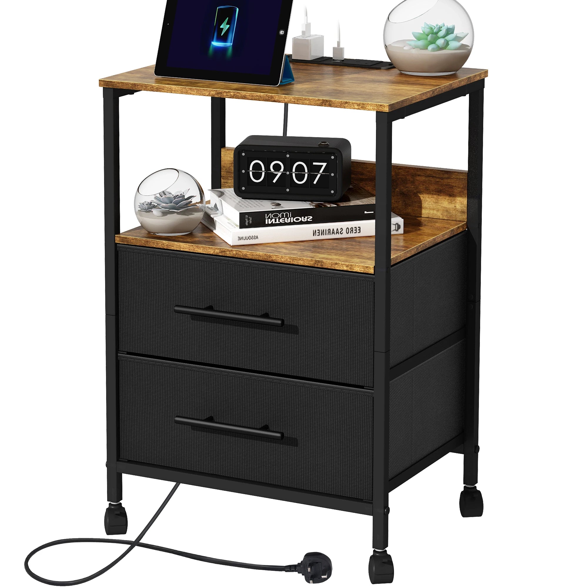 Bedside Table With Charging Station Nightstand With 2 Outlets And 2 USB Ports With 4 Castors