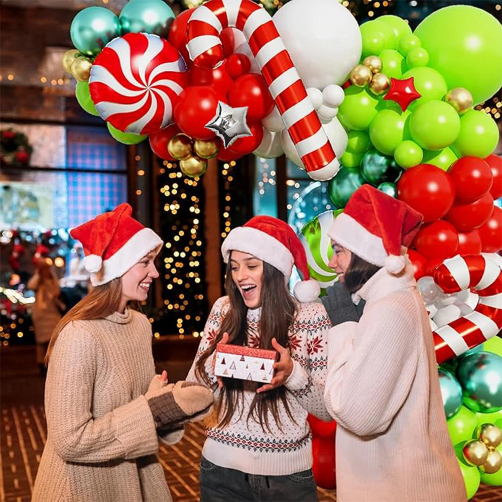 83pcs Christmas Balloon Arch, Red Green Gold White Latex Balloons with Red Candy Sliver Red Star Cane Xmas Foil Balloons Party