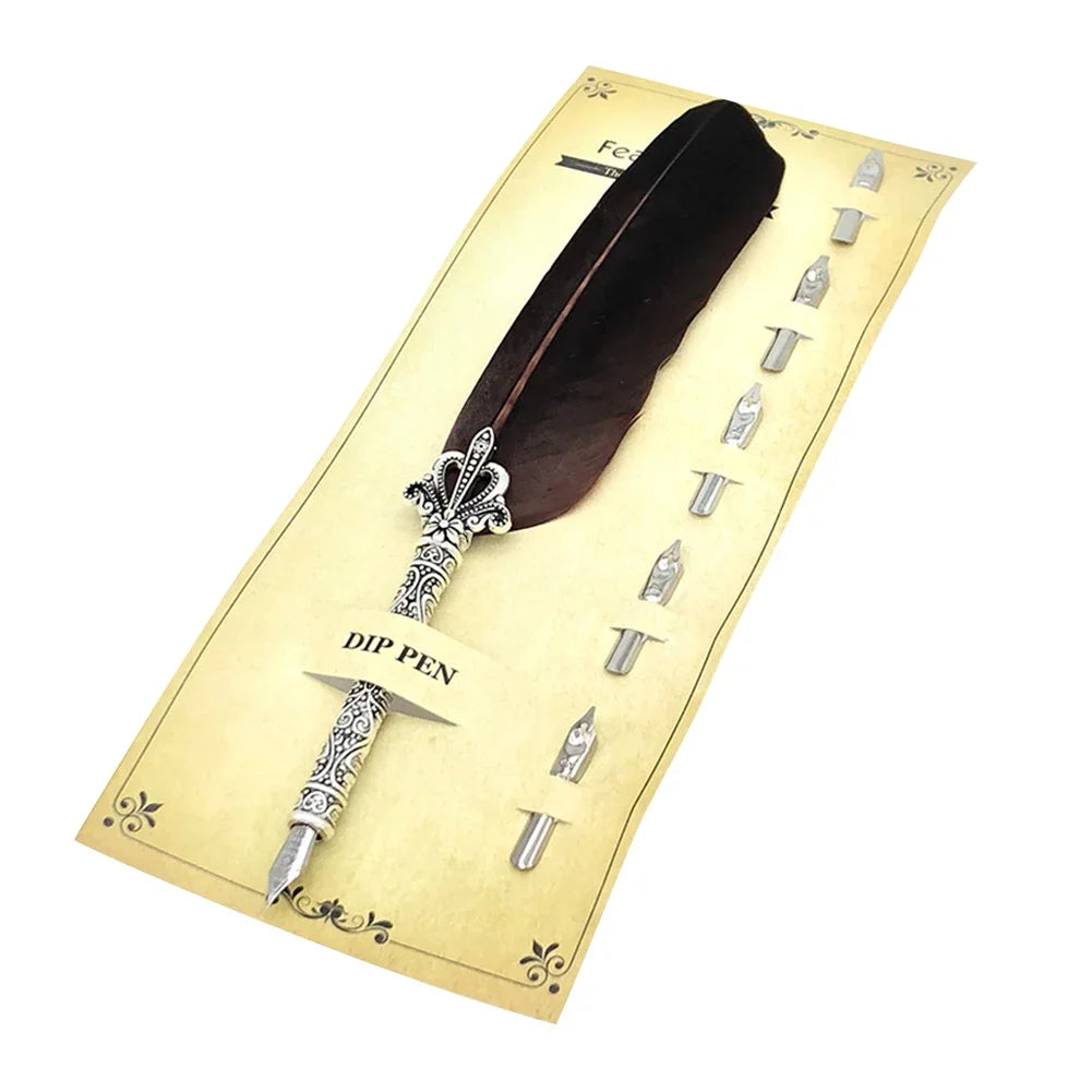 1 Set Vintage Calligraphy Feather Dip Pen with 5 Nib Writing Ink Quill Fountain for School Office Work Accessories