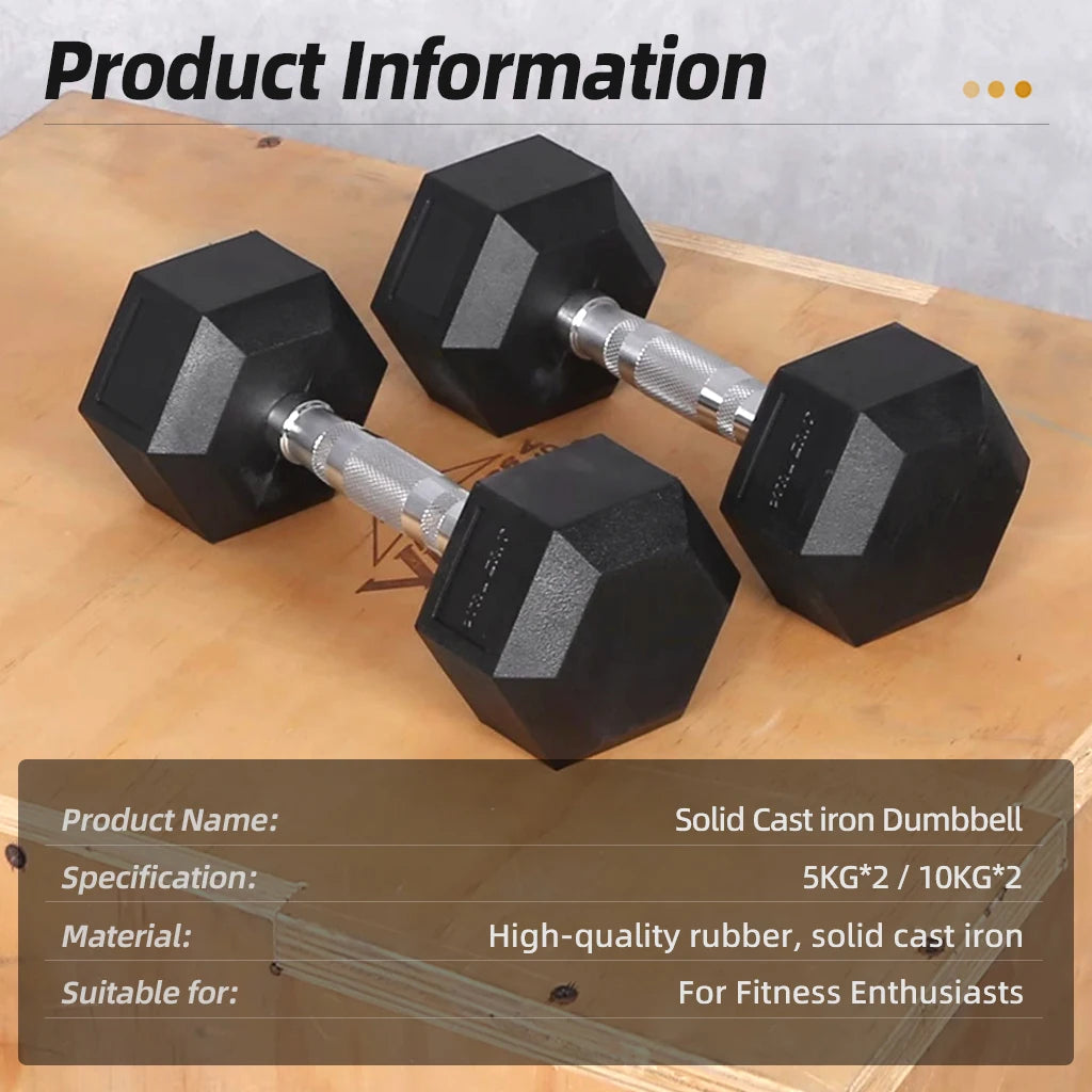 A Pair of Hexagonal Dumbbells, Pvc Coated, with a Metal Core Structure. Hexagonal Design Prevents Rolling. Available in Two Weights: 5kg and 10 Kilograms. This Fitness Equipment Is Suitable for Bodybuilding, Strength Training