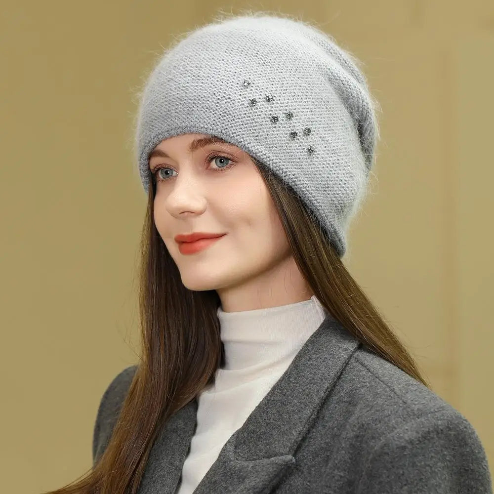 Women Rabbit Fur Gradient Winter Hat Fashion Decorate Beanie Hat Warm Winter Cap For Female Casual Streetwear Knitted Hat