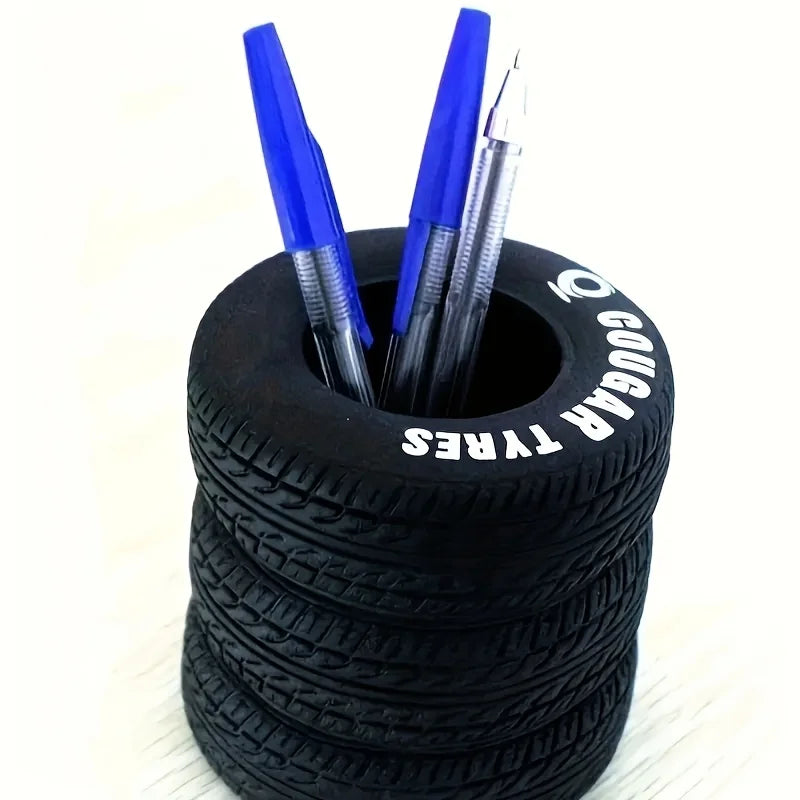 1PC Fun Tire Shaped Pen Holder - Durable Black PVC Desktop Storage Box, Suitable for Schools and Offices
