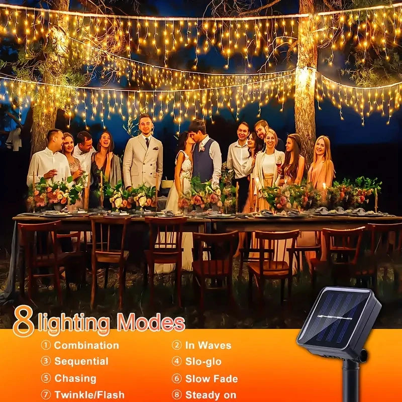 NEW Solar Christmas Icicle Lights 162/96 LED 8 Modes Waterproof Curtain String Lights for Outdoor Garden Room Holiday Lighting