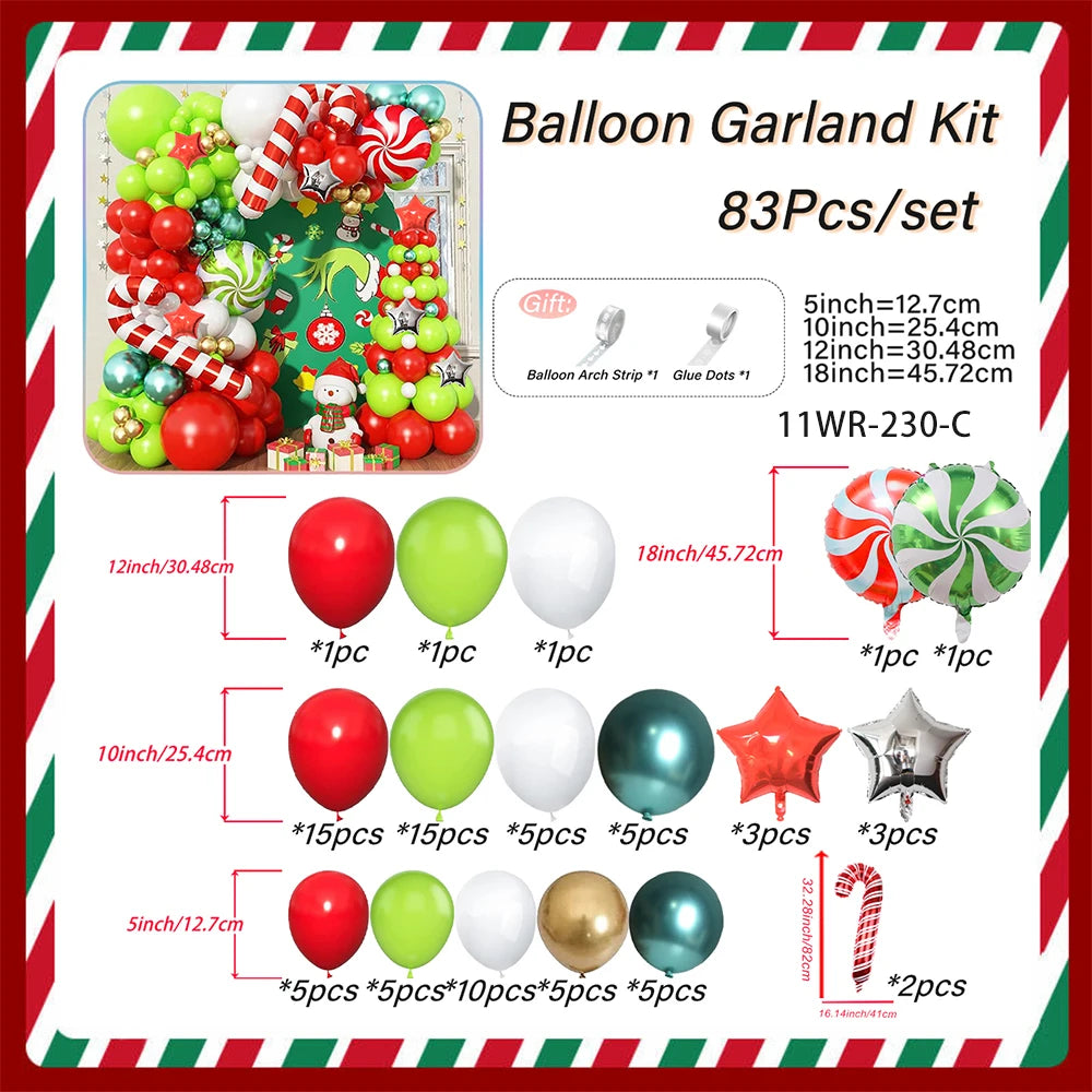 83pcs Christmas Balloon Arch, Red Green Gold White Latex Balloons with Red Candy Sliver Red Star Cane Xmas Foil Balloons Party