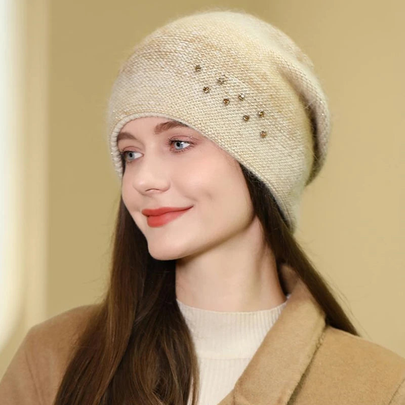 Women Rabbit Fur Gradient Winter Hat Fashion Decorate Beanie Hat Warm Winter Cap For Female Casual Streetwear Knitted Hat