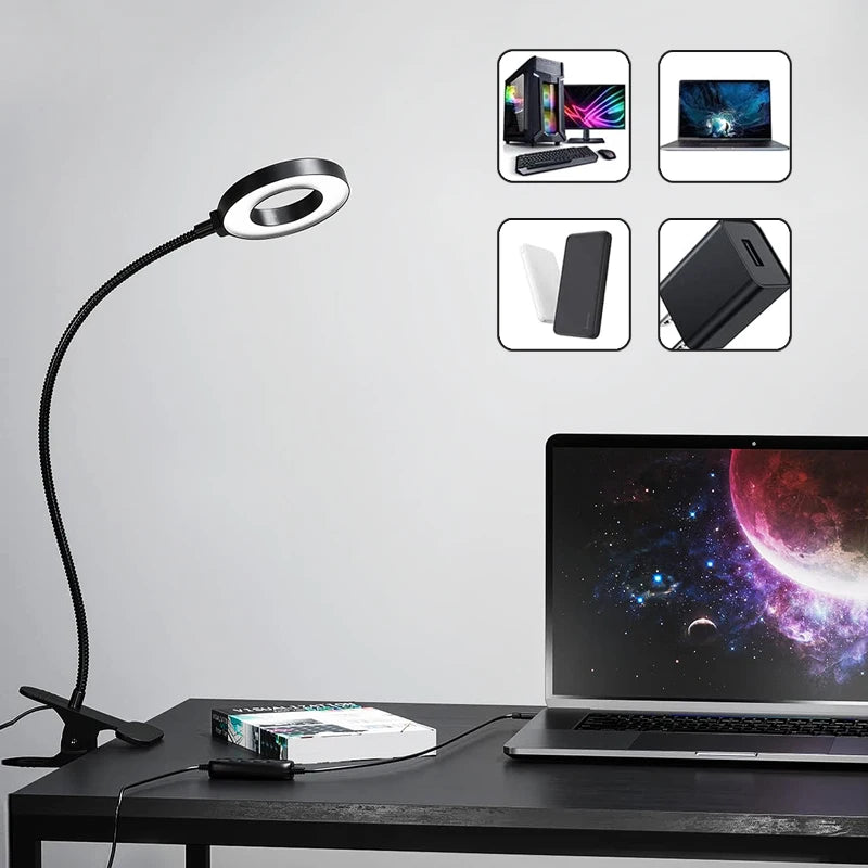 LED Desk Lamp Eye Protection Learning Reading Manicure Facial Selfie Supplement Light Magnifying Glass Desktop Clip Lamp