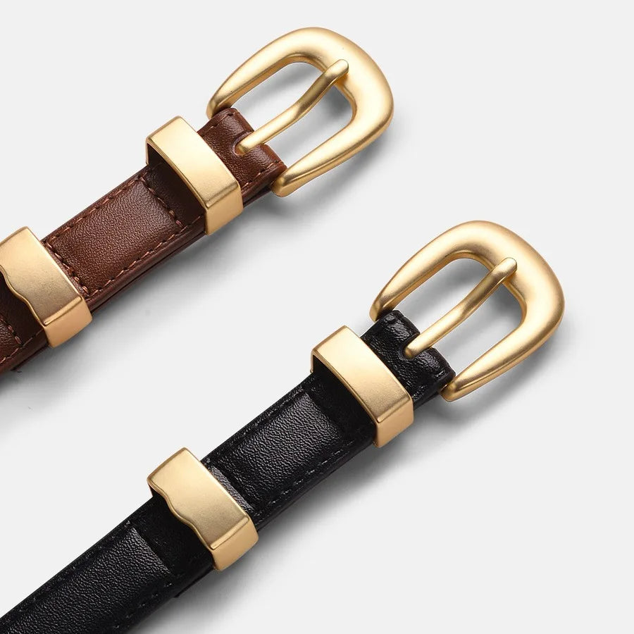Women's Versatile Classic Belt Dress Pants Jeans Fashion Accessories Casual Business Slim Belt Gold Alloy Buckle