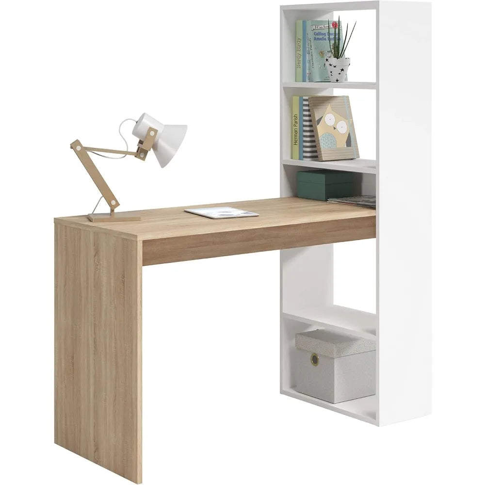 Desk with Reversible Shelf, Computer Table, Artik White and Canadian Oak, Duplo Model, Dimensions: 120 cm (W) x 53 c