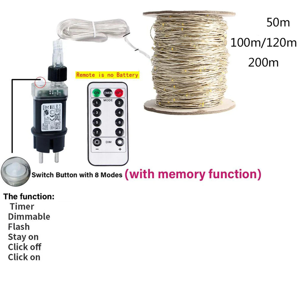 50M-200M Outdoor String Lights Christmas Fairy Lights Garland LED For New Year Wedding Party Terrace Camping Tree Decoration