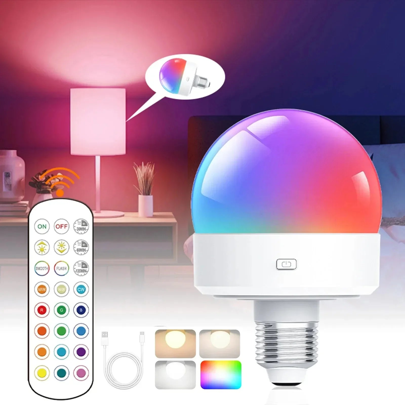 Smart Rechargeable LED Bulb E27 Remote Control RGB Dimmable 16 Million Colors Timer & Energy Saving Battery Operated Night Light
