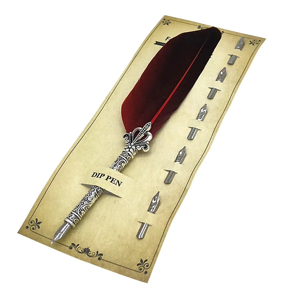 1 Set Vintage Calligraphy Feather Dip Pen with 5 Nib Writing Ink Quill Fountain for School Office Work Accessories