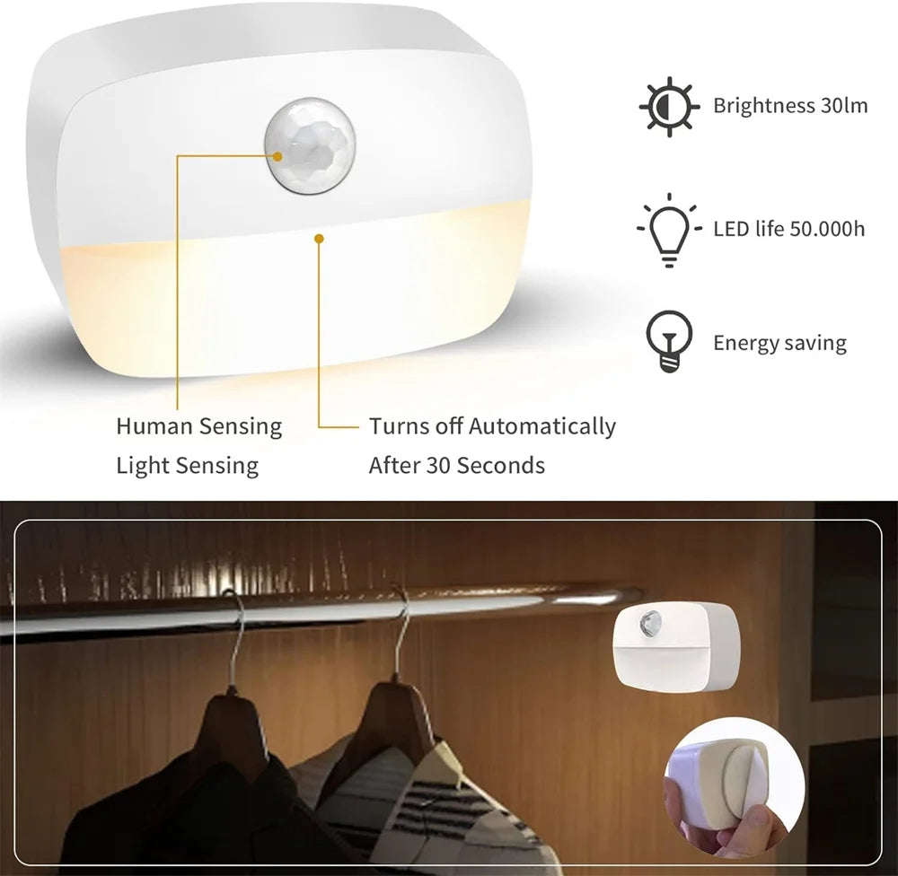 3pcs Motion Sensor Light Indoor LED Night Light Stick on Nightlight Lights for Cabinet Hallway Stair Bathroom Closet Bedroom