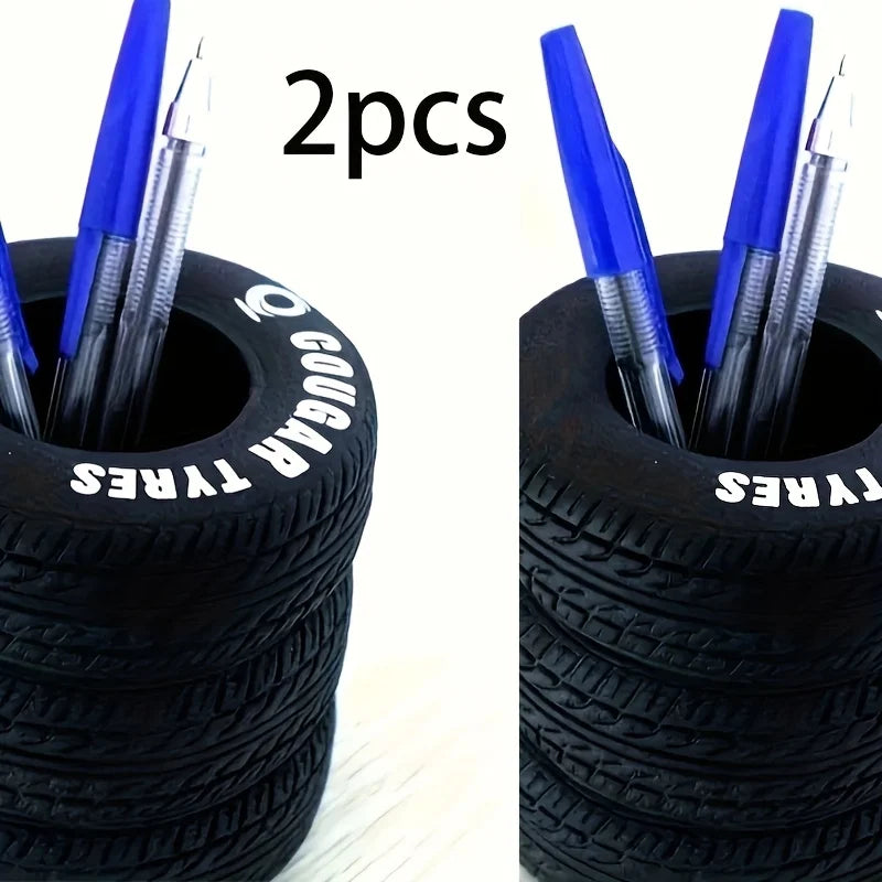 1PC Fun Tire Shaped Pen Holder - Durable Black PVC Desktop Storage Box, Suitable for Schools and Offices