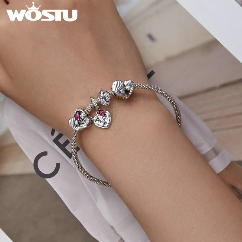 WOSTU 925 Sterling Silver Heart Shape Charms Growth Hanging Bead Red CZ Love Affinity Pendant For Original Jewelry Thanksgiving