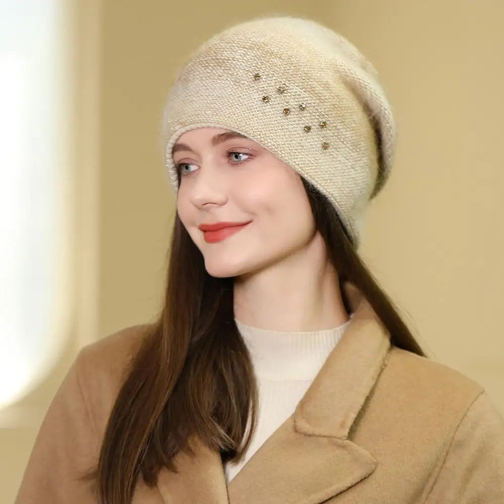 Women Rabbit Fur Gradient Winter Hat Fashion Decorate Beanie Hat Warm Winter Cap For Female Casual Streetwear Knitted Hat
