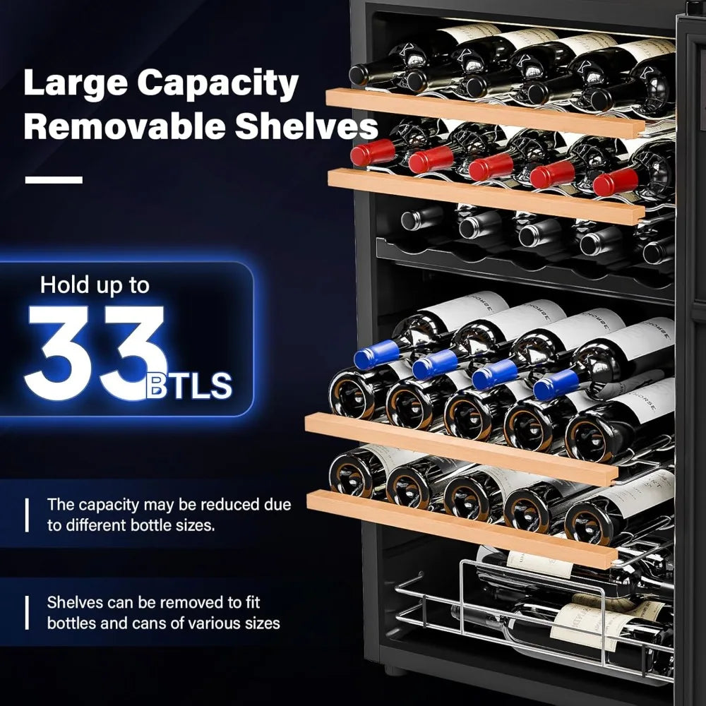 33 Bottle Wine Fridge, Dual Zone Wine and Beverage Refrigerator with Independent Temp & LED Control Panel, Freestanding