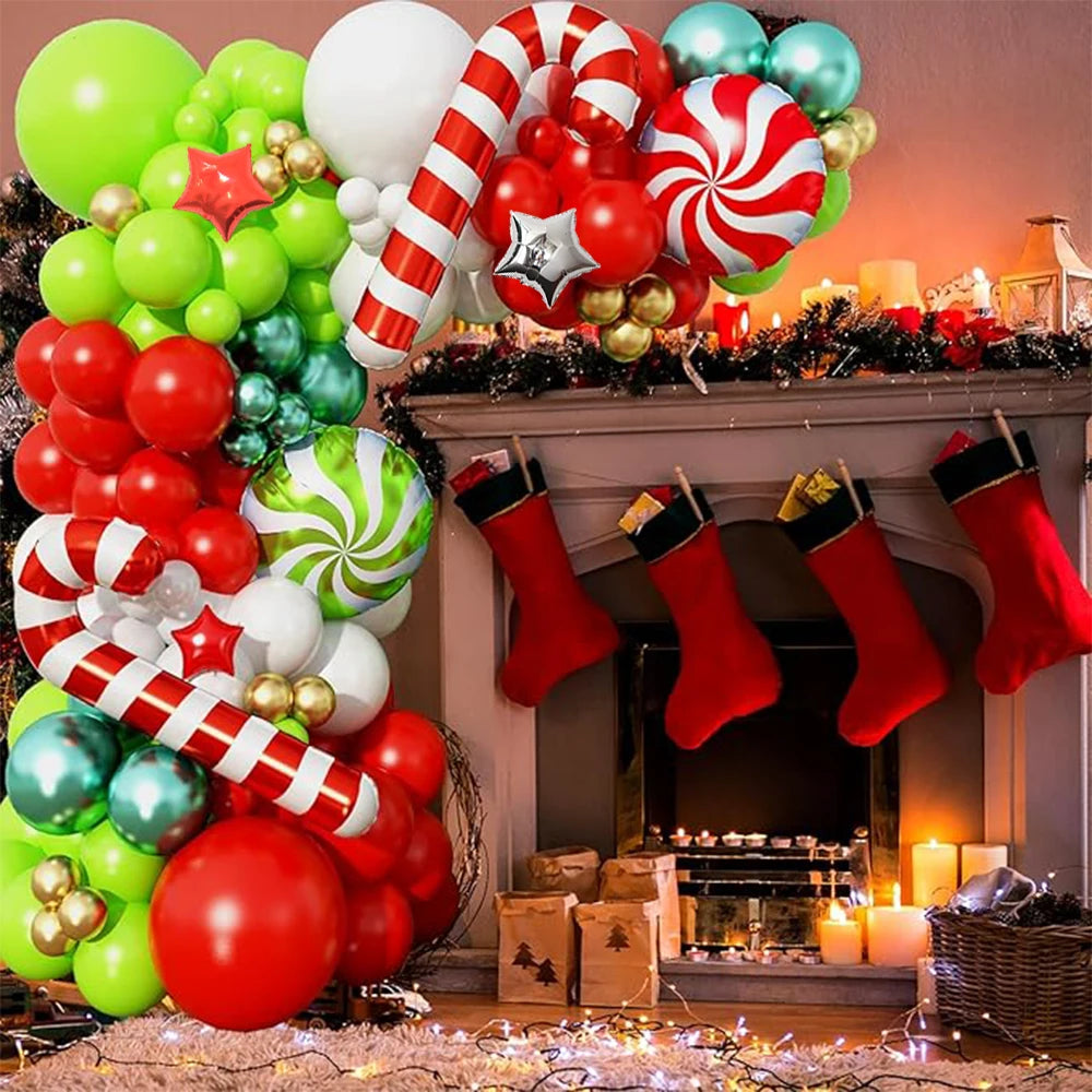 83pcs Christmas Balloon Arch, Red Green Gold White Latex Balloons with Red Candy Sliver Red Star Cane Xmas Foil Balloons Party