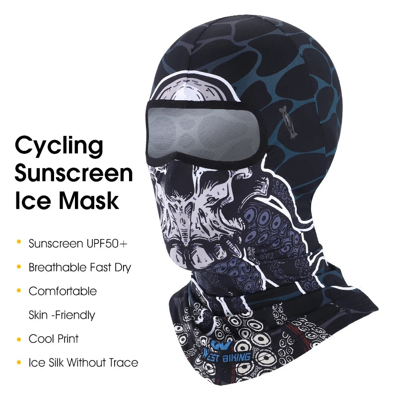 WEST BIKING 3D Skull Pattern Motorcycle Balaclava Summer UV Protection Cycing Caps For Men MTB Road Bike Full Face Ice Silk Mask