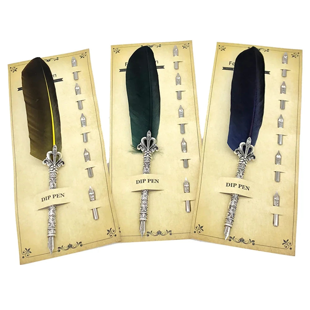1 Set Vintage Calligraphy Feather Dip Pen with 5 Nib Writing Ink Quill Fountain for School Office Work Accessories