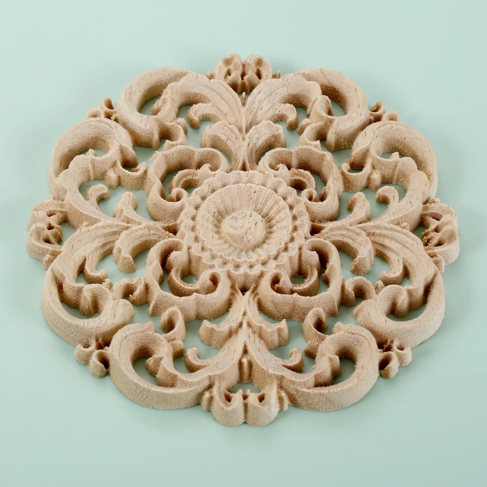 10cm Round Flower Wood Carving Decal Unpainted Disc Onlay Decor Door Furniture Symmetrical European Court Exquisite Single-sided
