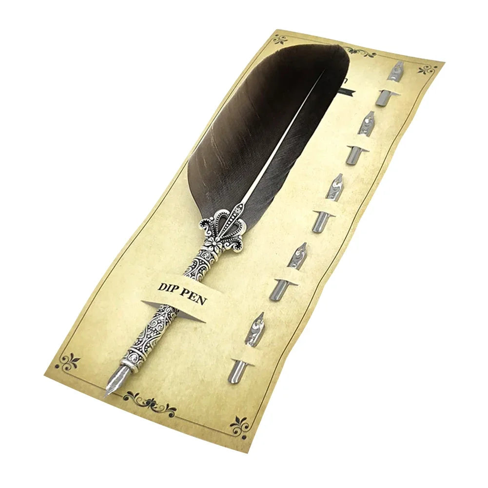 1 Set Vintage Calligraphy Feather Dip Pen with 5 Nib Writing Ink Quill Fountain for School Office Work Accessories