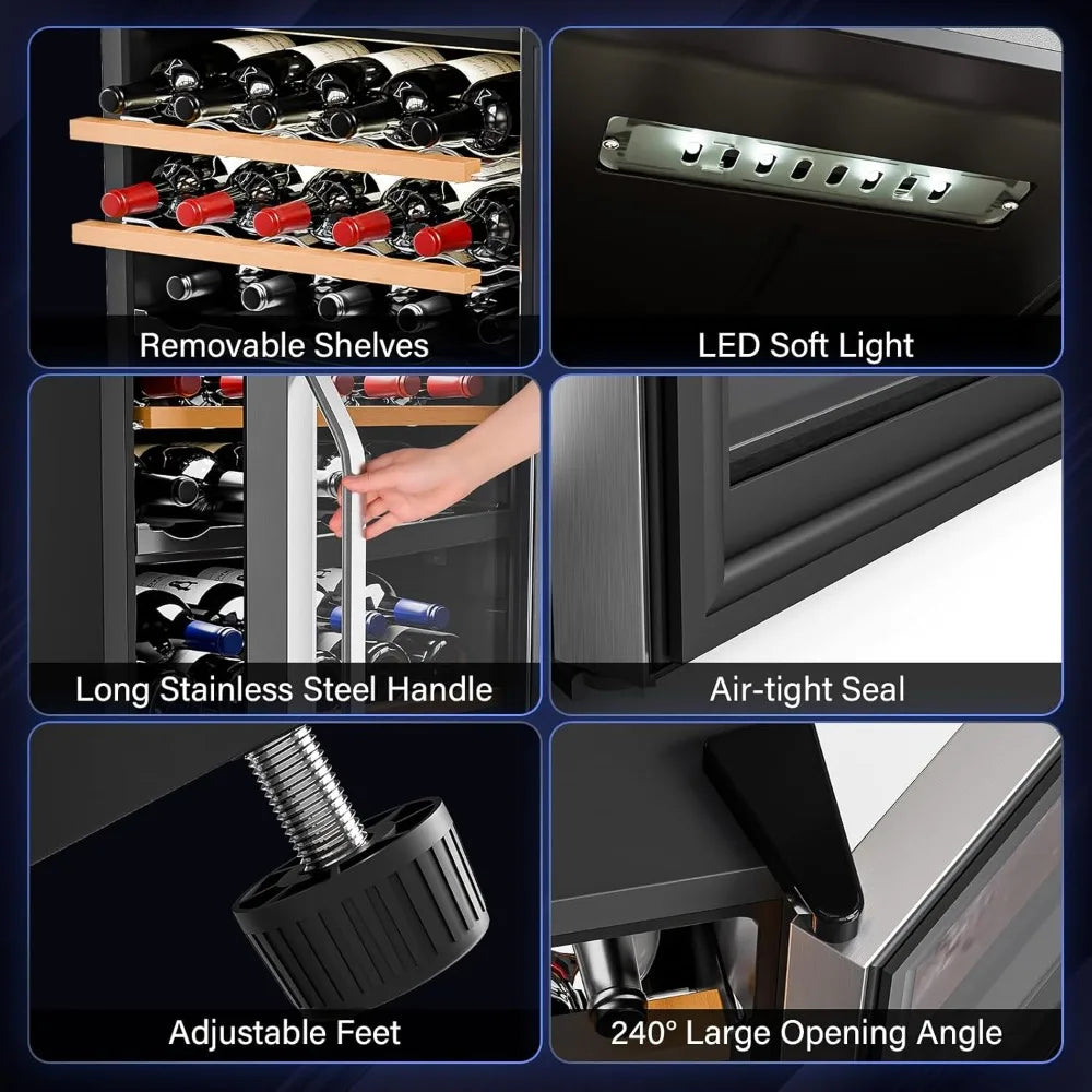 33 Bottle Wine Fridge, Dual Zone Wine and Beverage Refrigerator with Independent Temp & LED Control Panel, Freestanding