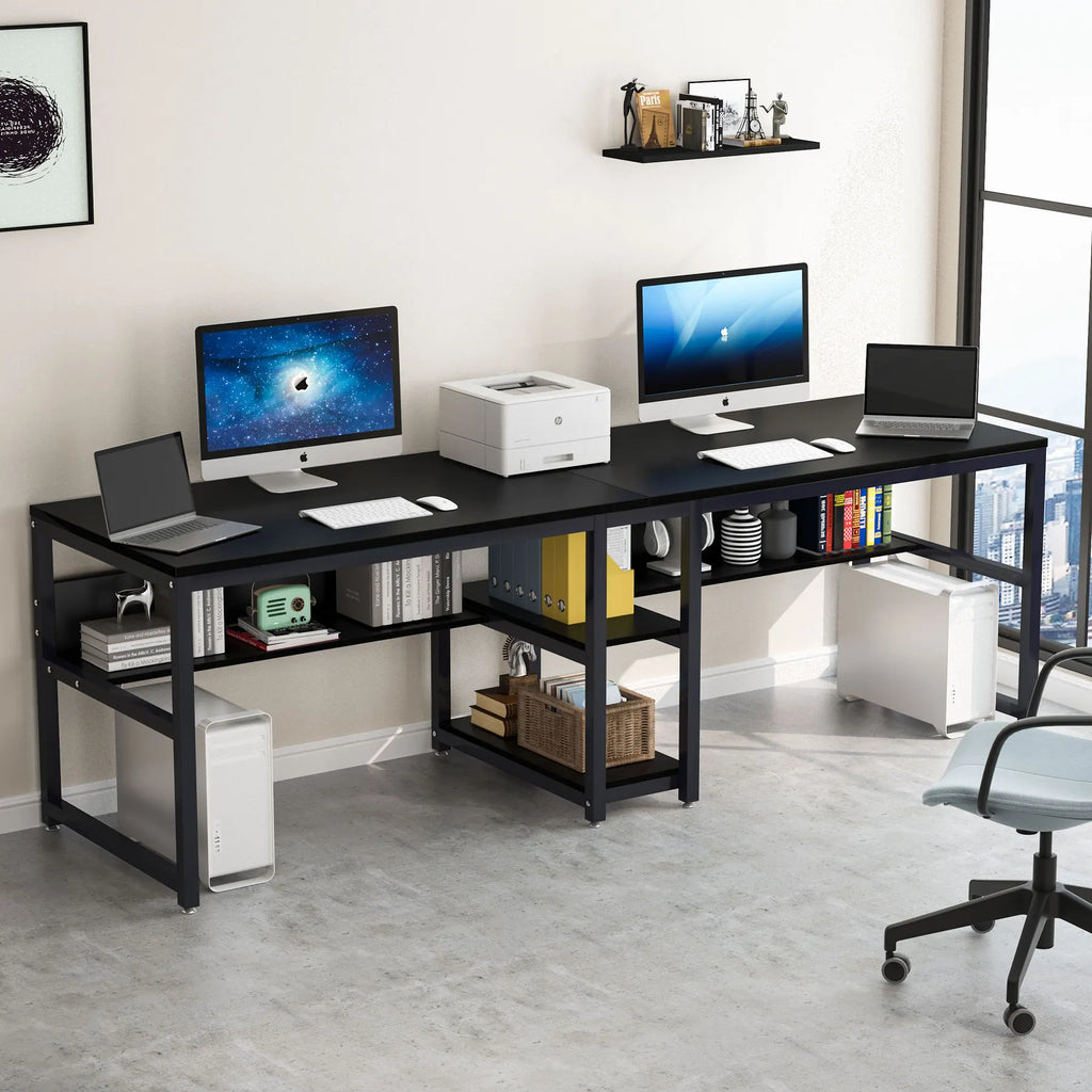 Tribesigns Two Person Desk with Bookshelf, 78.7 Computer Office Double Desk for Two Person, Rustic Writing Desk Workstation