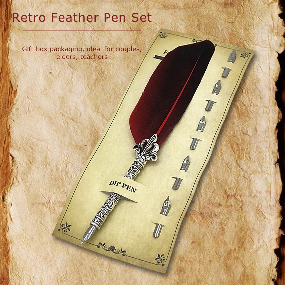 1 Set Vintage Calligraphy Feather Dip Pen with 5 Nib Writing Ink Quill Fountain for School Office Work Accessories