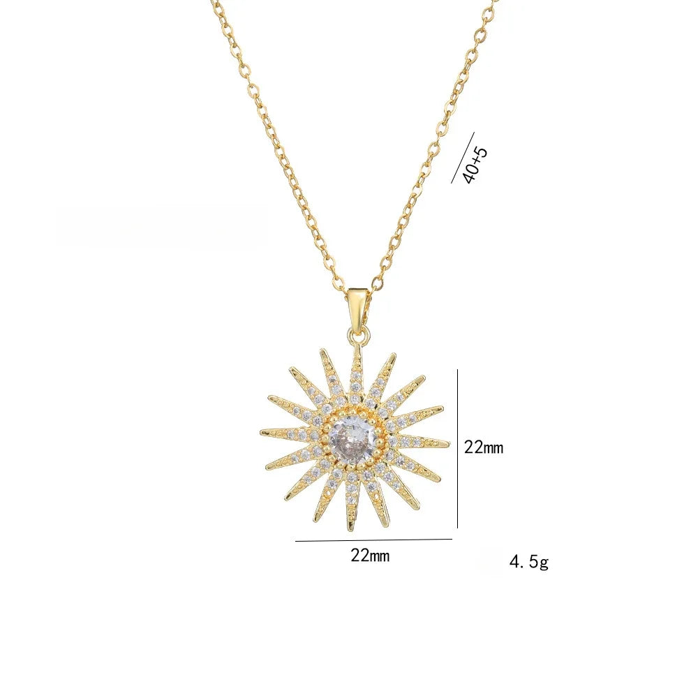 Stainless Steel Gold Color Zircon Sunflower Pendant Necklace for Women Girls Lovely Jewelry Accessories Gifts for Thanksgiving