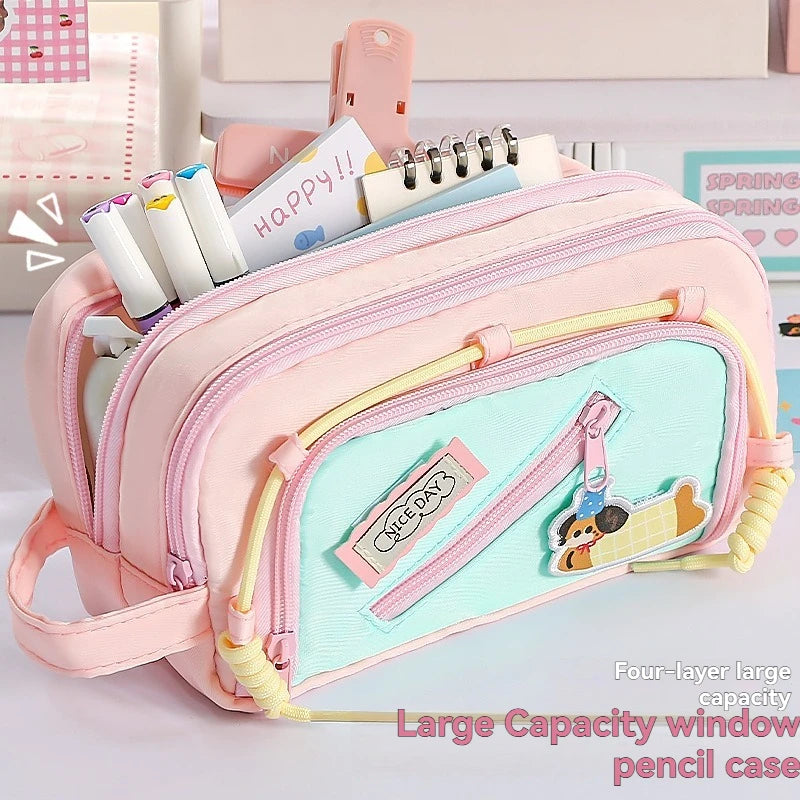 Dopamine Contrasting Dachshund Dog Large Capacity Pencil Bag Velcro High  Value Japanese Style New Stationery Box