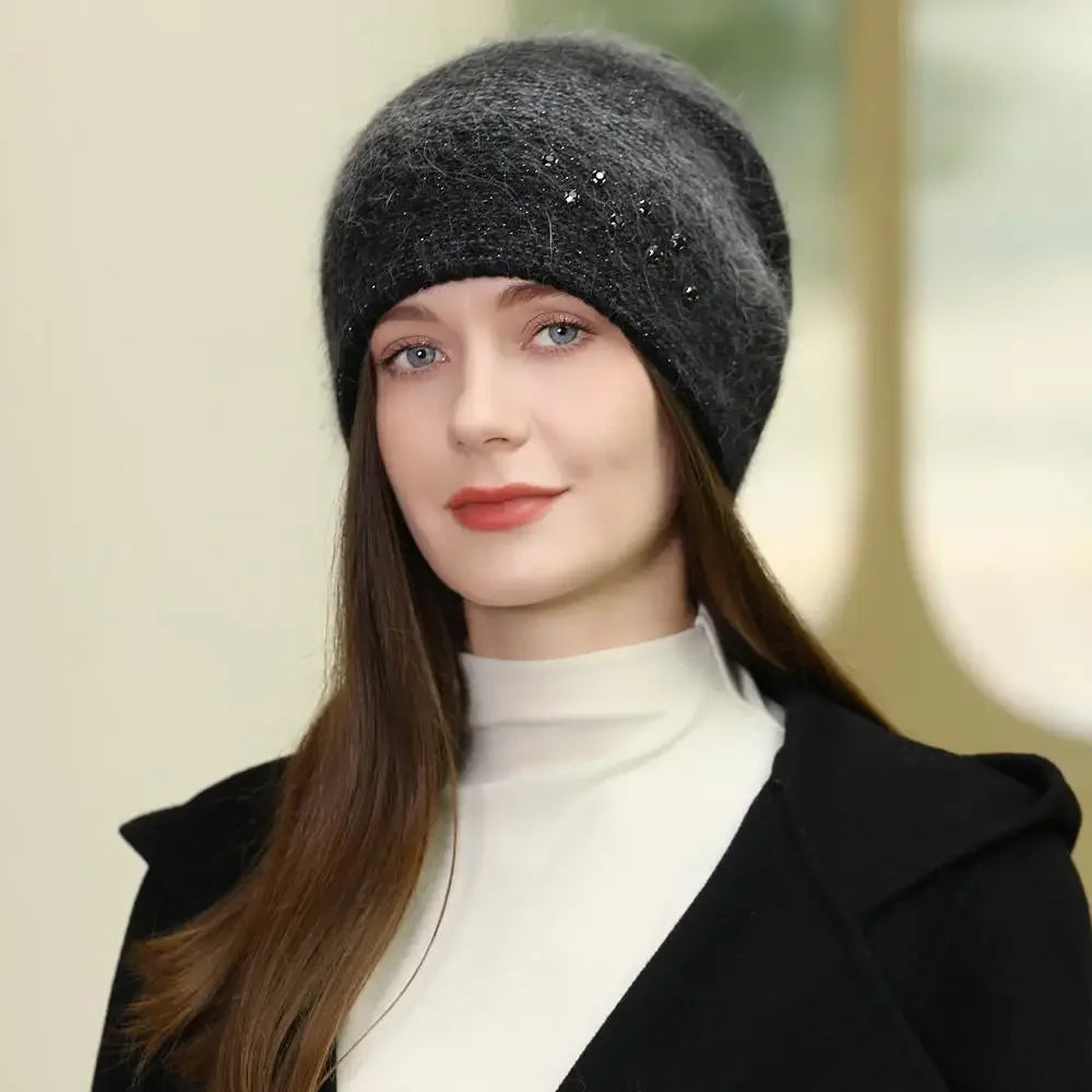 Women Rabbit Fur Gradient Winter Hat Fashion Decorate Beanie Hat Warm Winter Cap For Female Casual Streetwear Knitted Hat