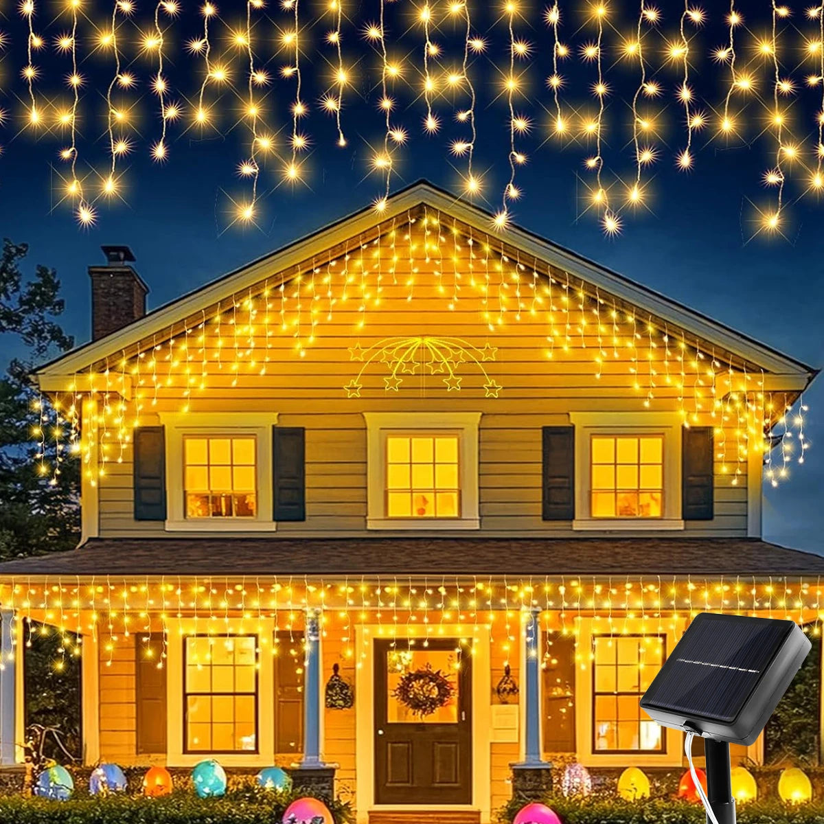 NEW Solar Christmas Icicle Lights 162/96 LED 8 Modes Waterproof Curtain String Lights for Outdoor Garden Room Holiday Lighting