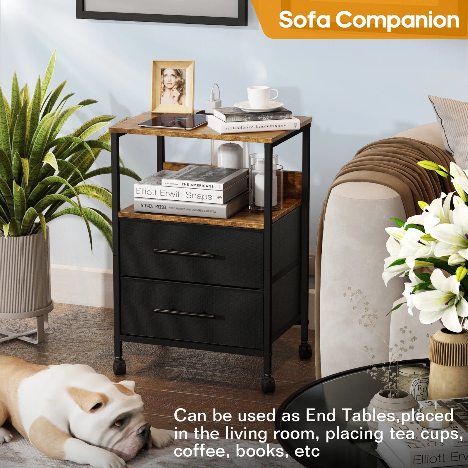 Bedside Table With Charging Station Nightstand With 2 Outlets And 2 USB Ports With 4 Castors