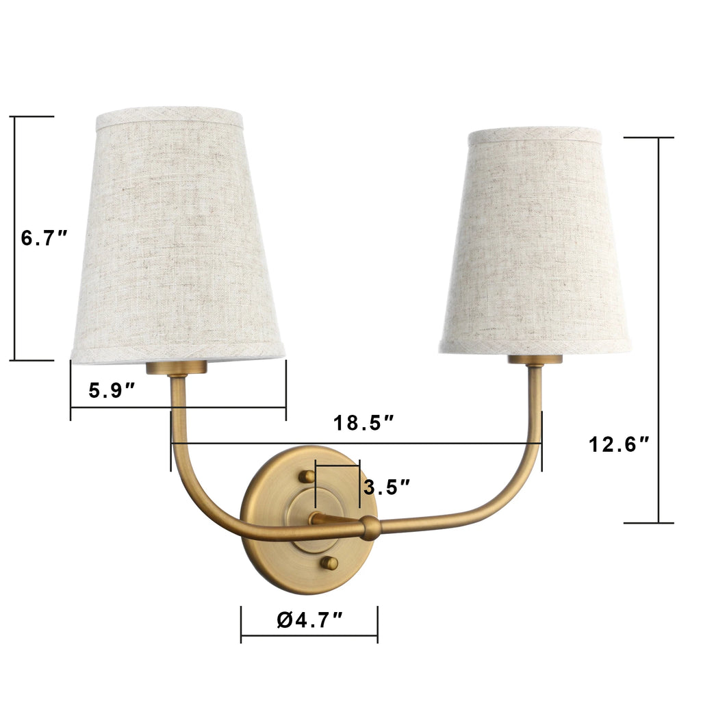 Permo Vintage Double Sconce Antique 2-Lights with Flared Funnel Linen Beige Fabric Shade