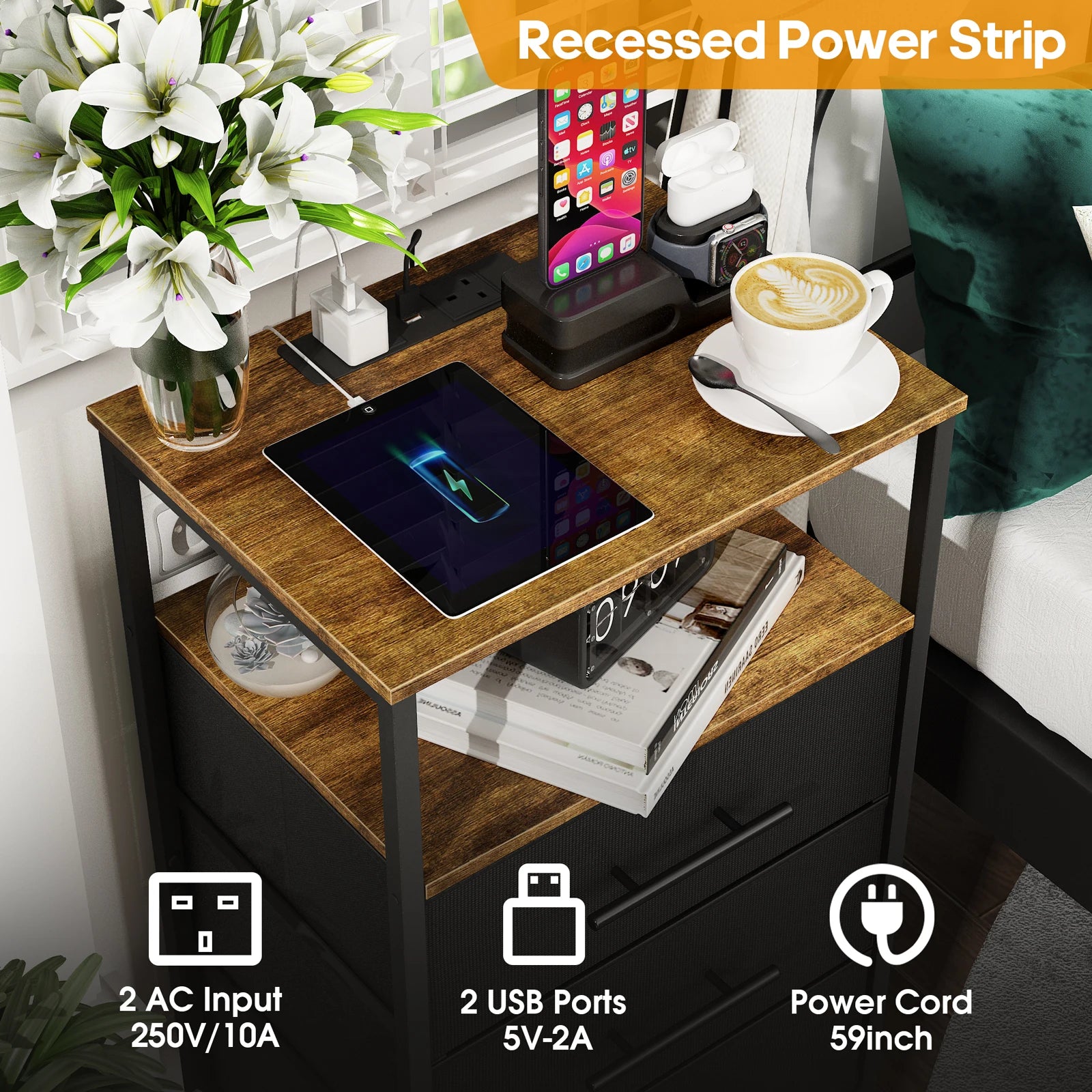 Bedside Table With Charging Station Nightstand With 2 Outlets And 2 USB Ports With 4 Castors