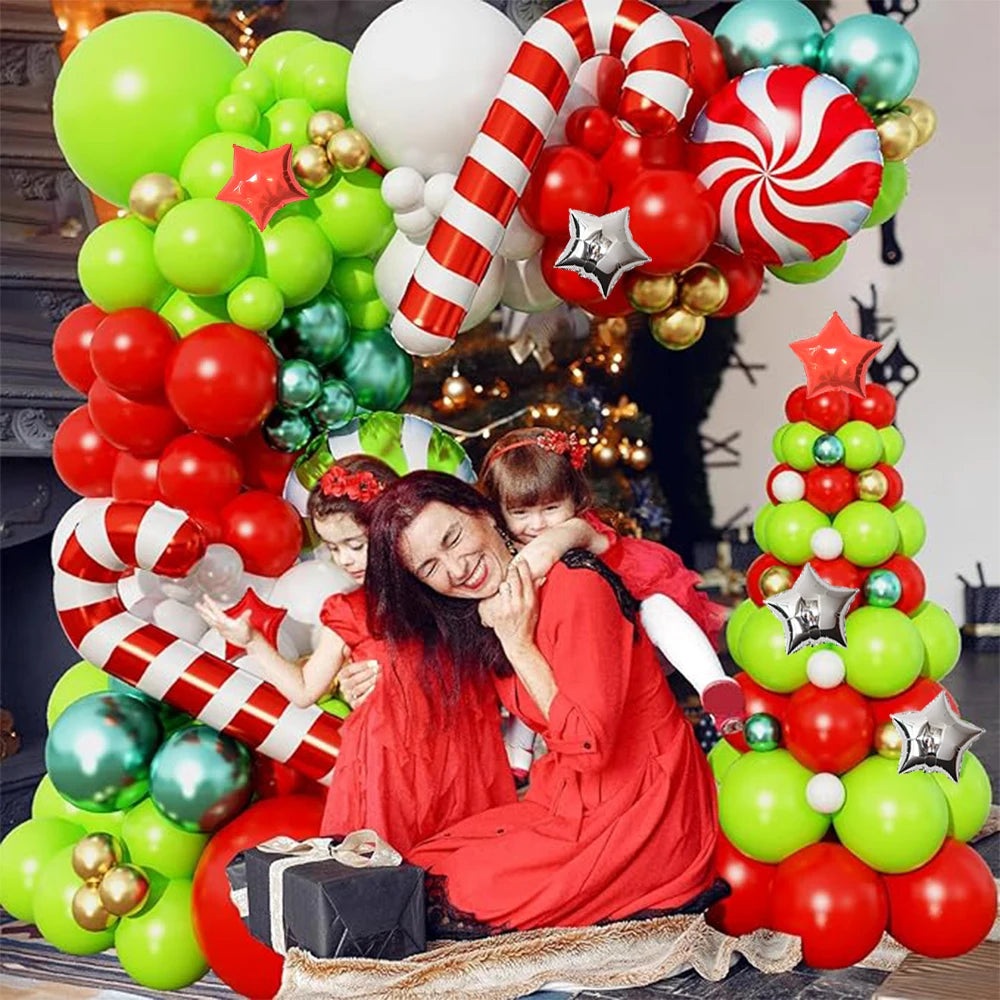 83pcs Christmas Balloon Arch, Red Green Gold White Latex Balloons with Red Candy Sliver Red Star Cane Xmas Foil Balloons Party