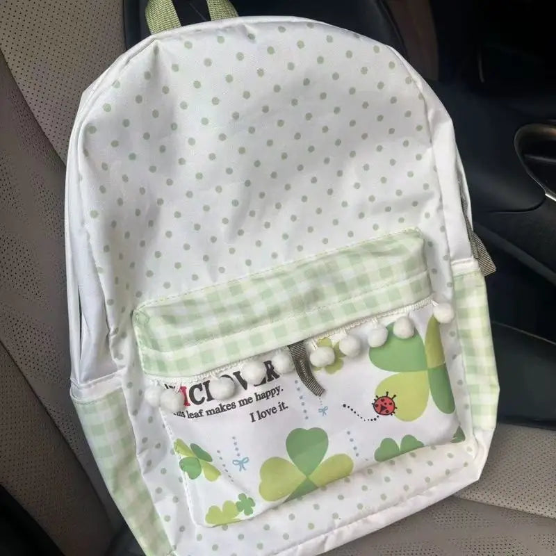 Cute Japanese Countryside Style Nylon Canvas Green Lucky Clover Large Capacity Schoolbag Student Stationery Storage Bag Backpack